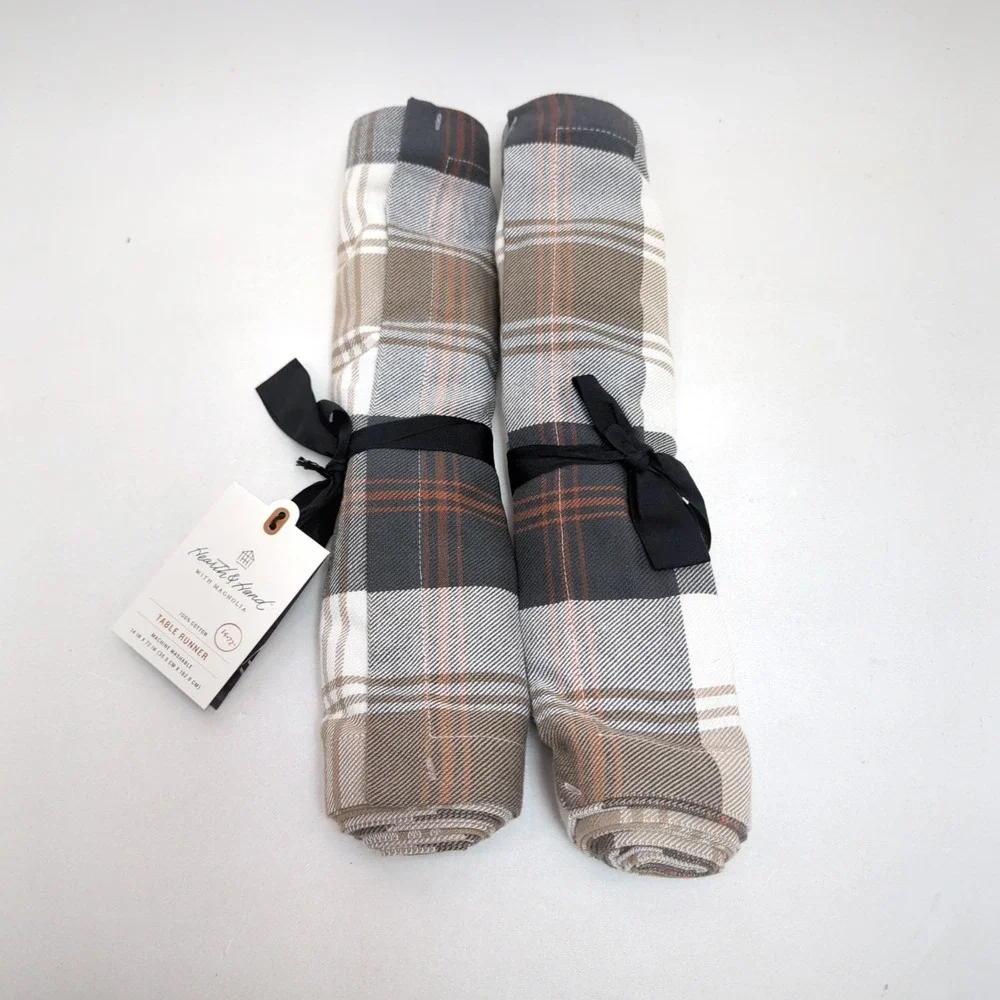 2 Hearth and Hand with Magnolia Tan & Gray Plaid Table Runner 14